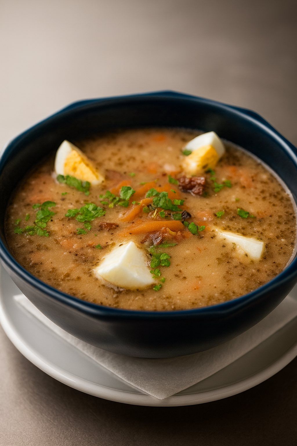 Żurek z ziemniakami, jajkiem i kiełbasą