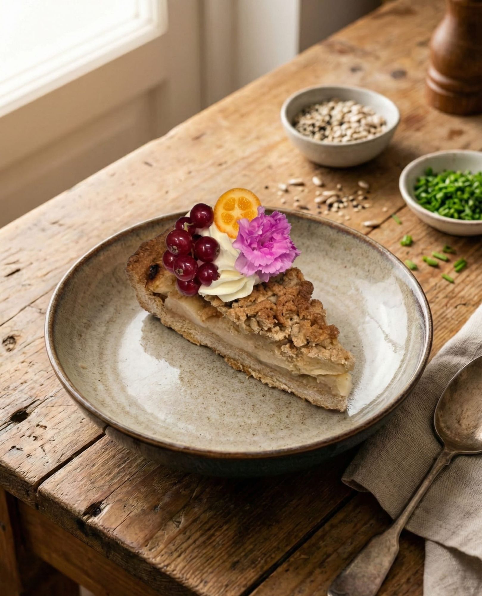 Szarlotka gryczana z bitą śmietaną i owocami   