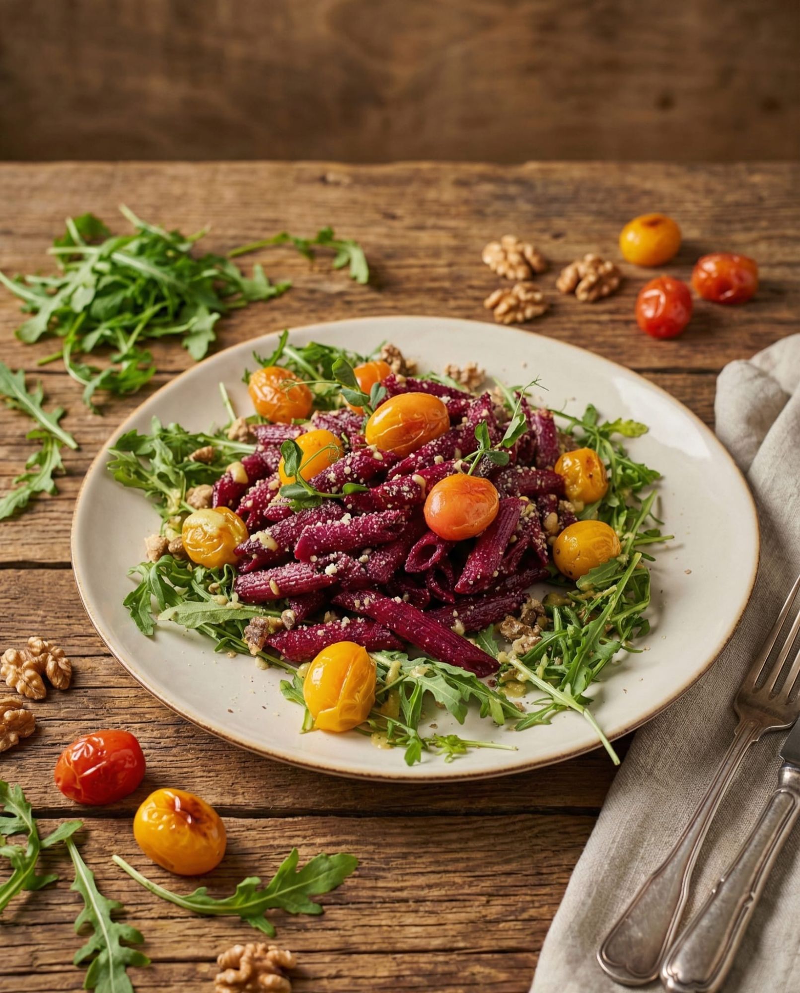 Penne buraczane z konfitowanymi pomidorkami cherry  