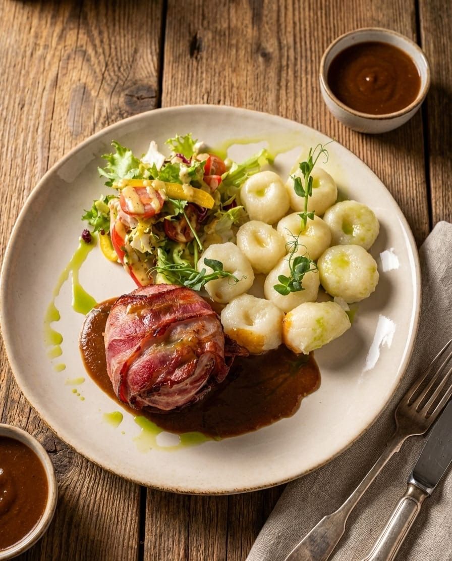 Polędwiczka wieprzowa nadziewana kurkami zapiekana  w boczku        