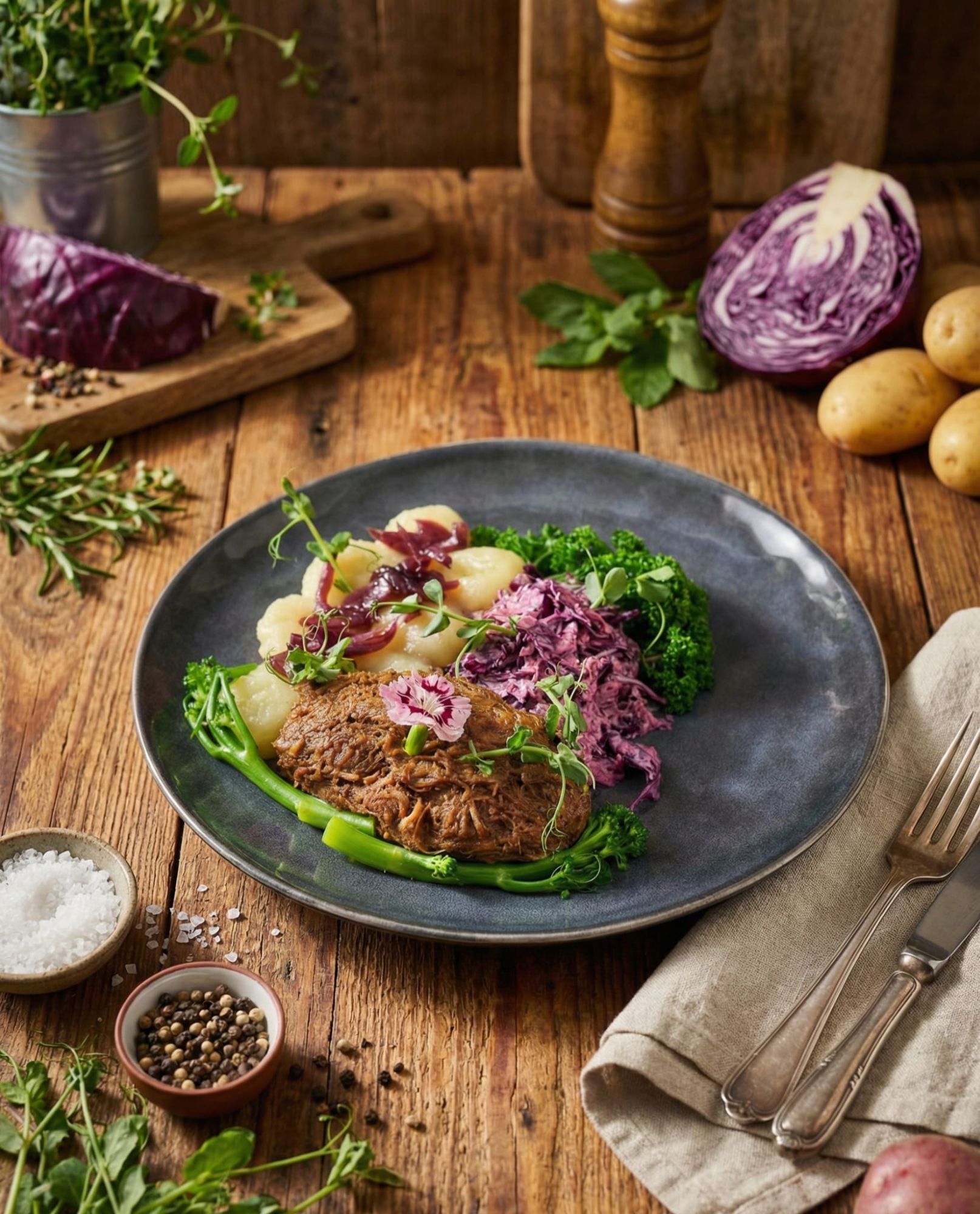 Szarpana wołowina z kluskami śląskimi       