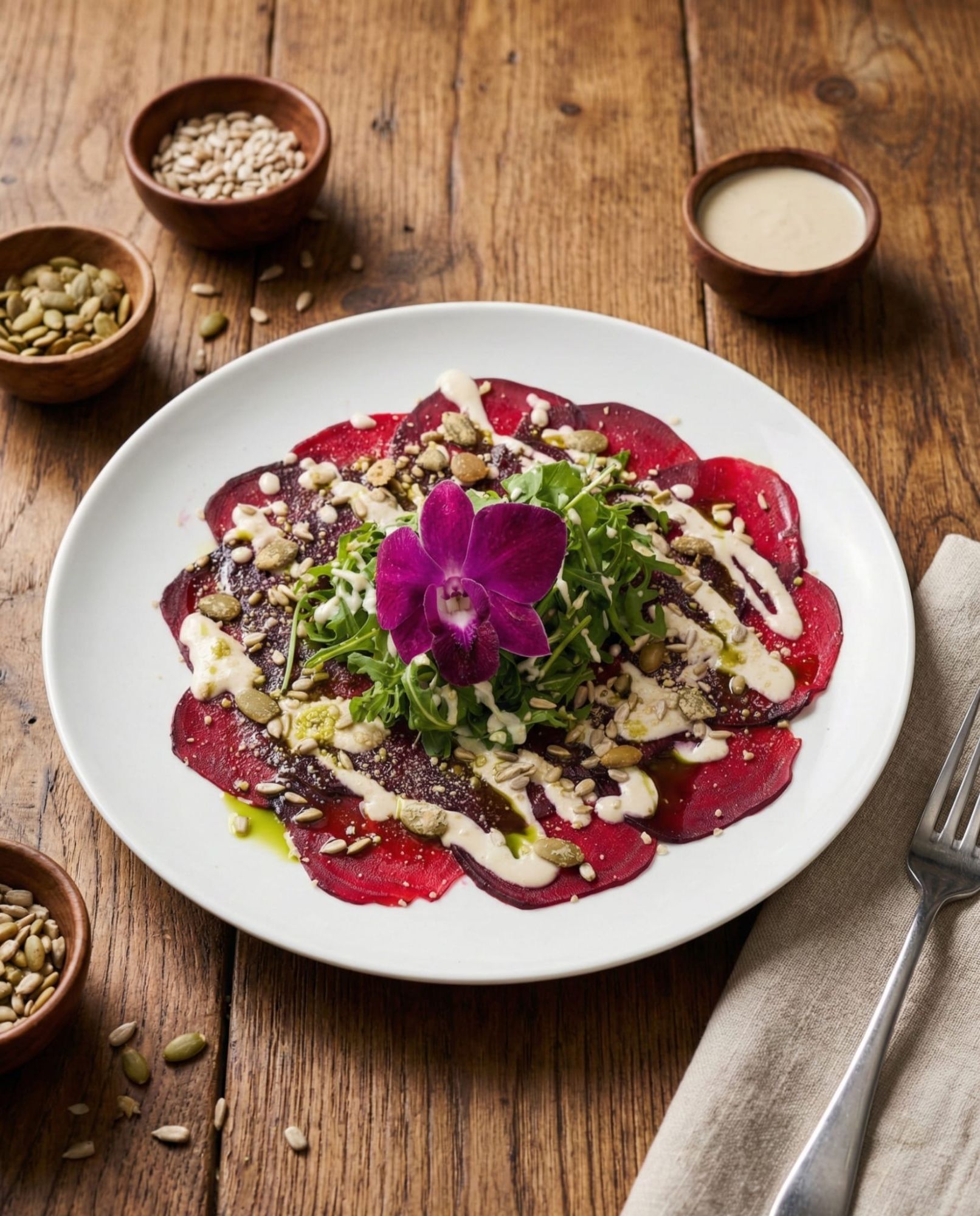 Carpaccio z pieczonych buraków z cytrynowym tahini    