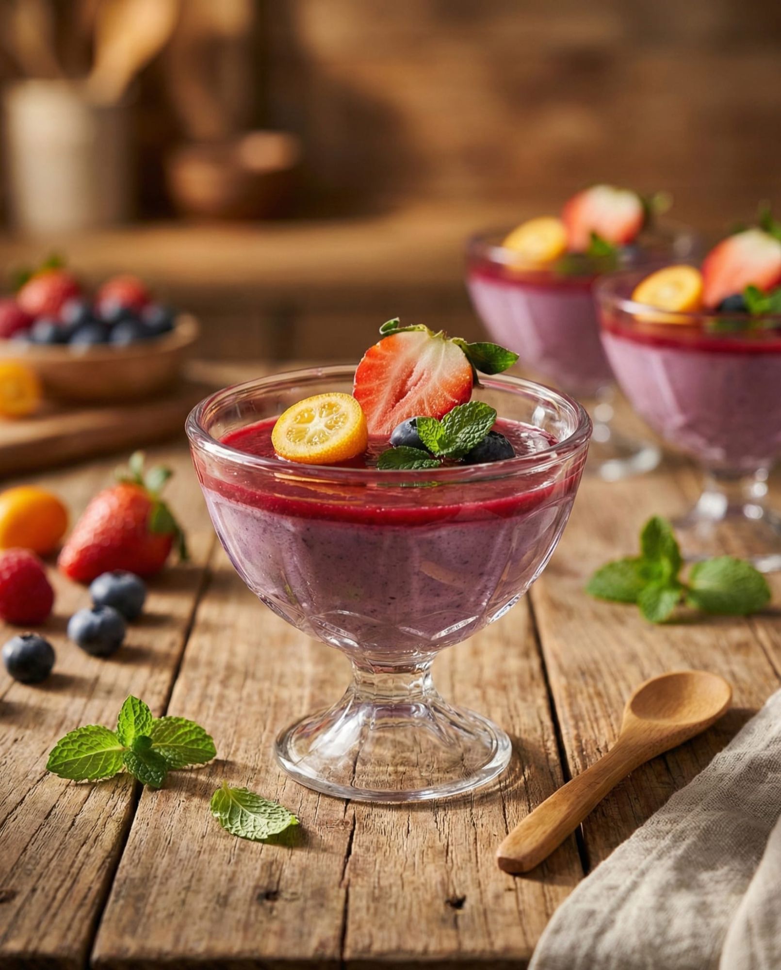 Jagodowa panna cotta z miętą i sosem truskawkowym  