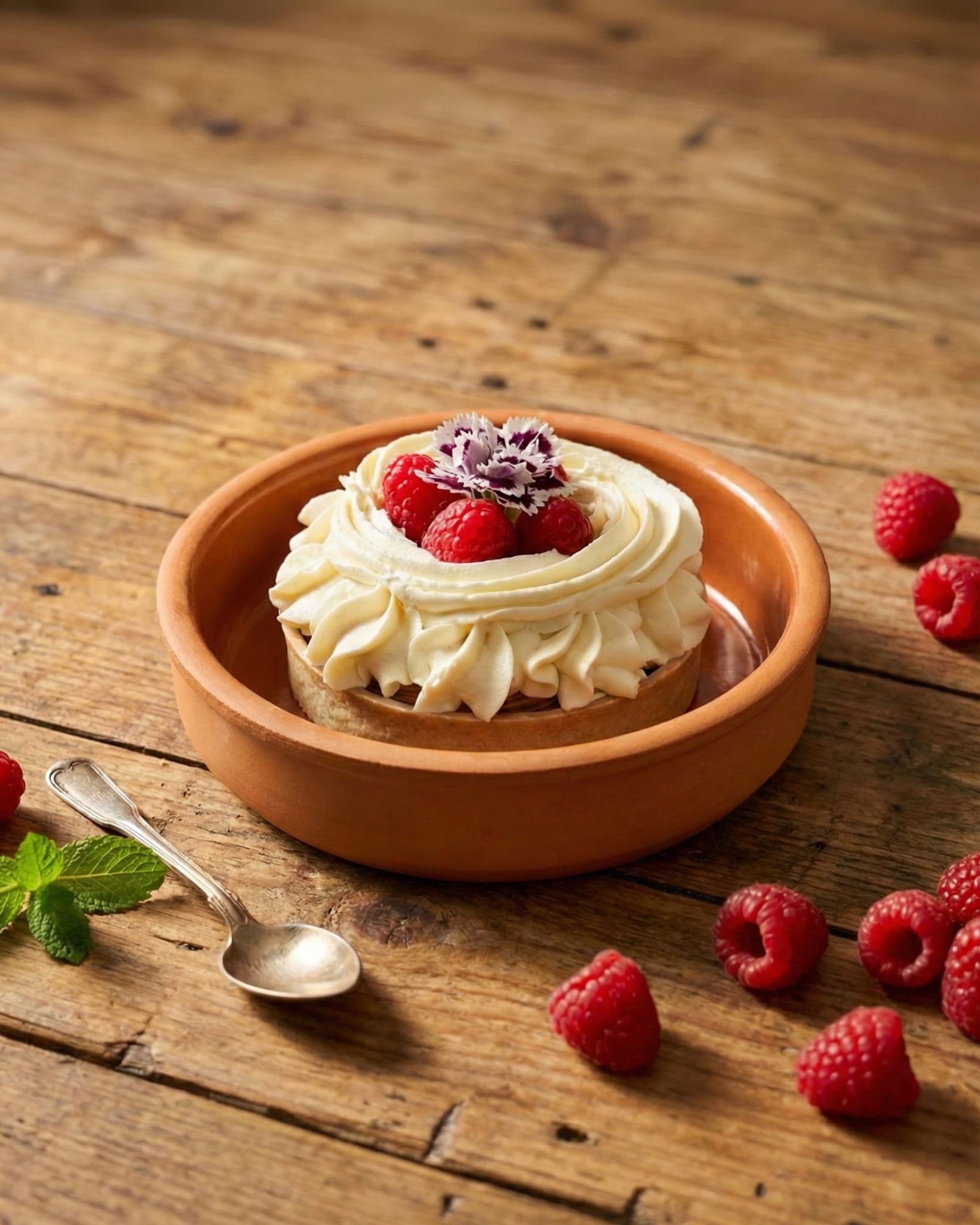 Tartaletka z ciemną i białą czekoladą, musem malinowym  i miętą 