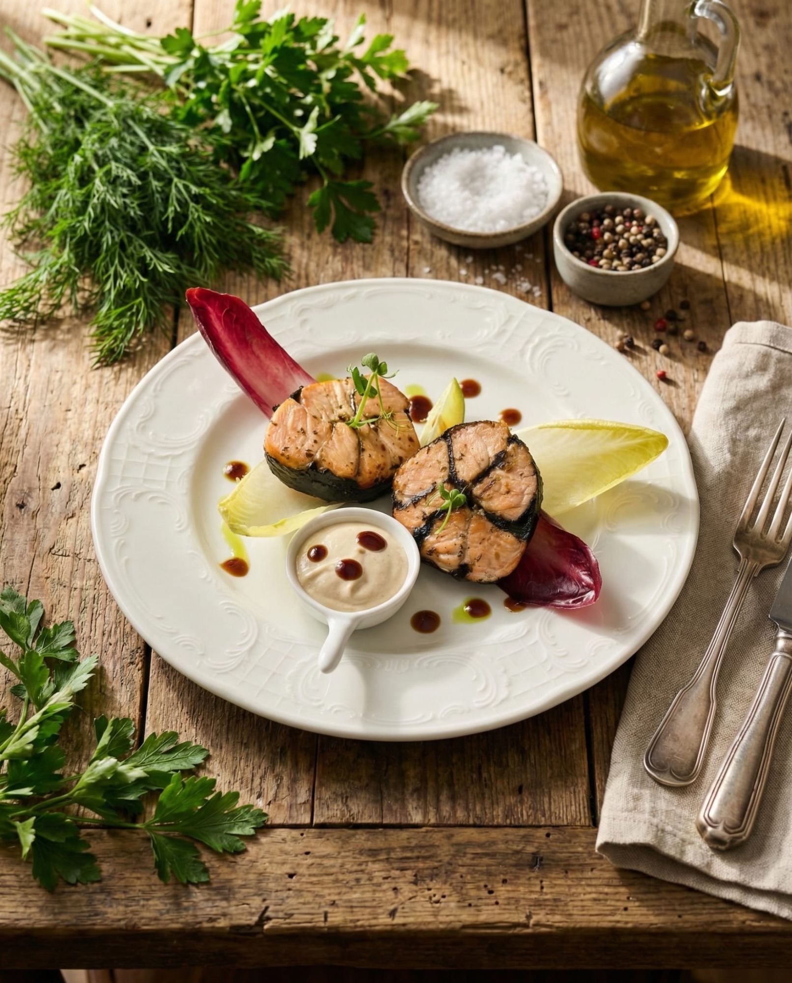 Łosoś marynowany w sosie teriyaki z dipem  sezamowo - czosnkowym i kolorową cykorią  