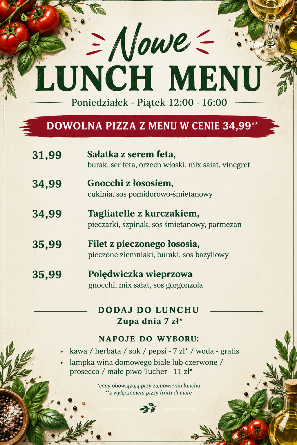 Nowe lunch menu z pizzą, tagliatelle i filetami, dostępne od poniedziałku do piątku, 12:00-16:00.