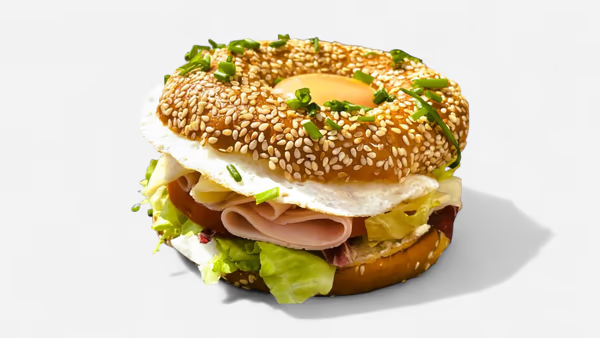 Bagel s volským okom, šunkou a syrom