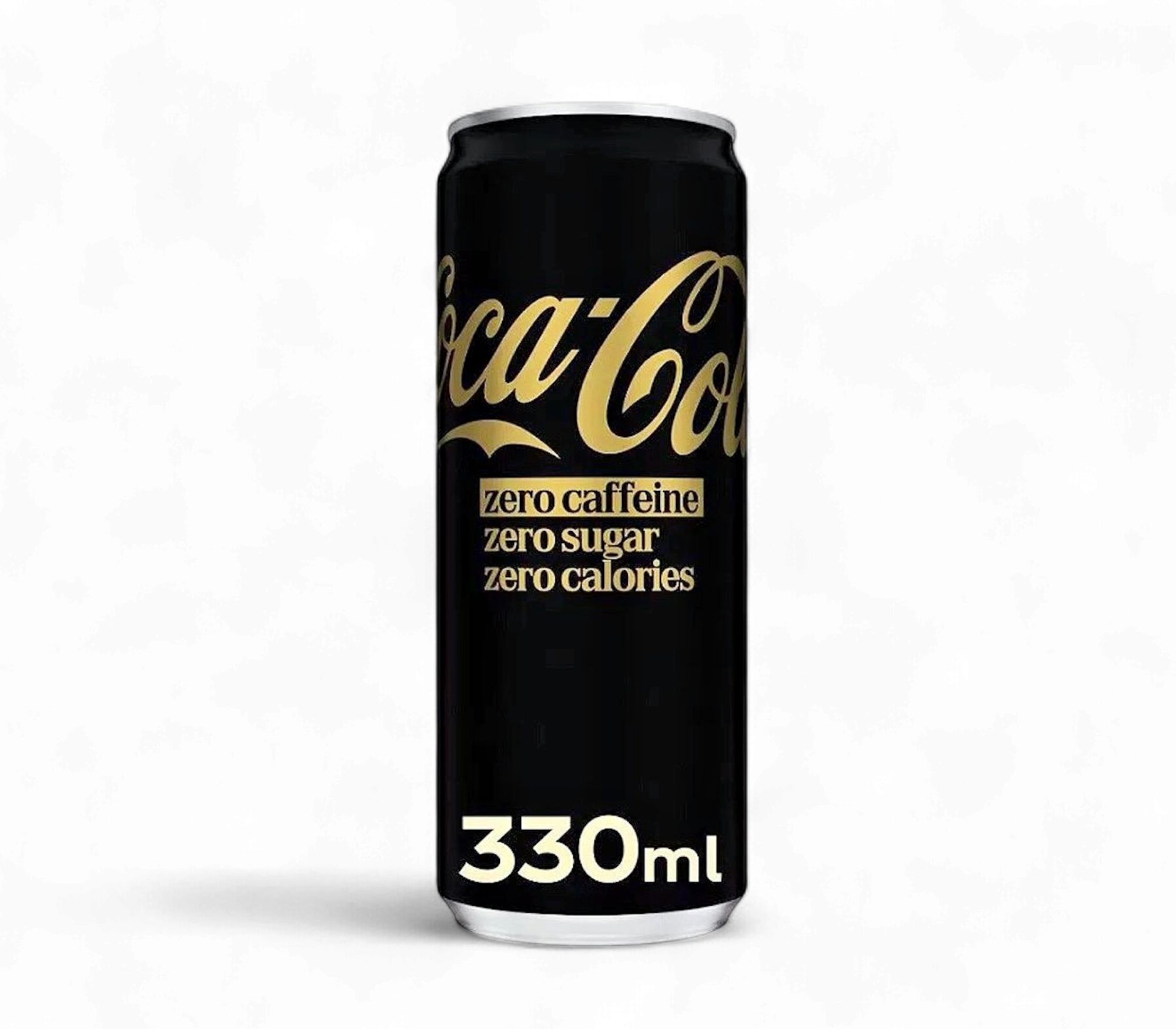 Conservă de Coca-Cola zero cafeină, zero zahăr, zero calorii, 330 ml, design negru elegant.