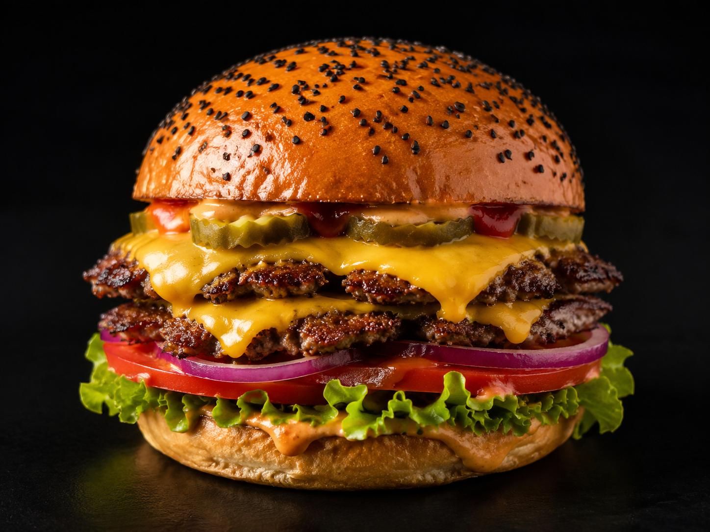 Soczysty burger z podwójnym mięsem, serem cheddar, sałatą, pomidorami, ogórkami i sosem na bułce z sezamem.