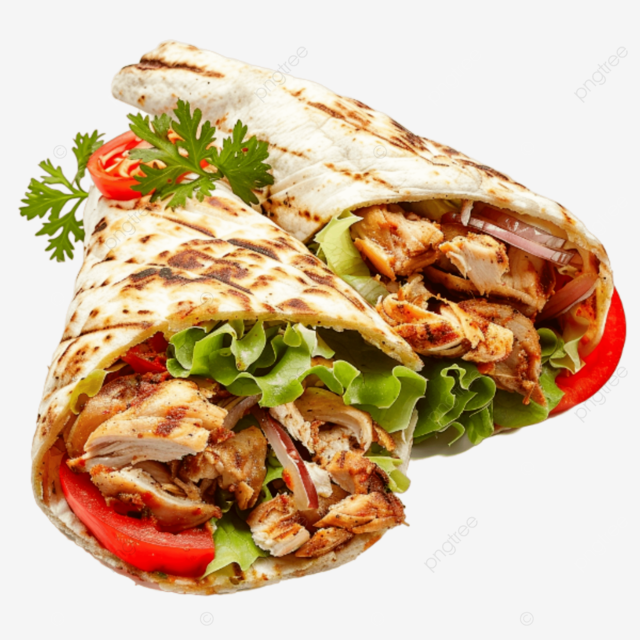 Podwójny wrap z grillowanym kurczakiem, sałatą, pomidorem i ziołami na białym tle.