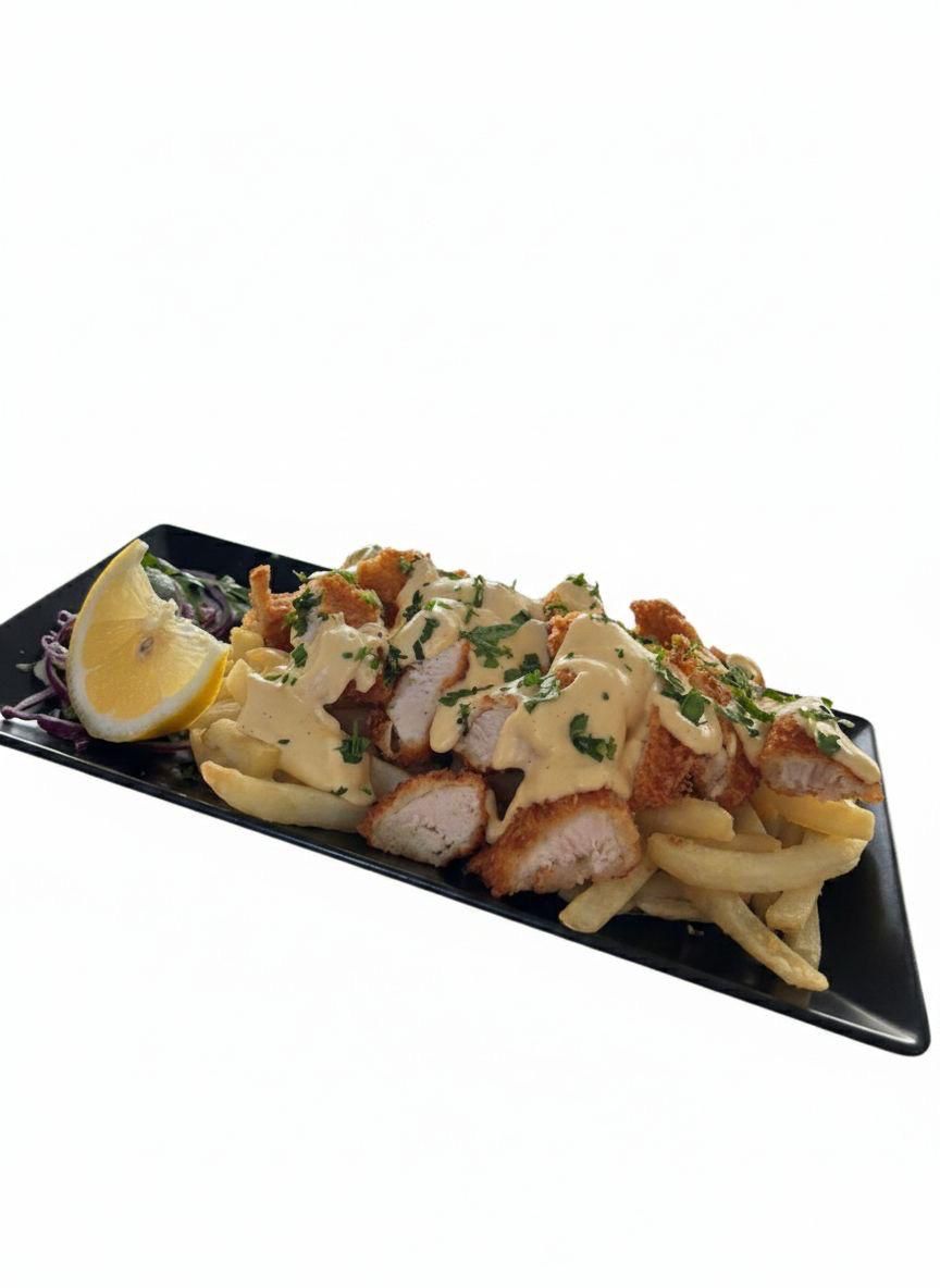 Crispy Baracca cu sos cheddar și cartofi