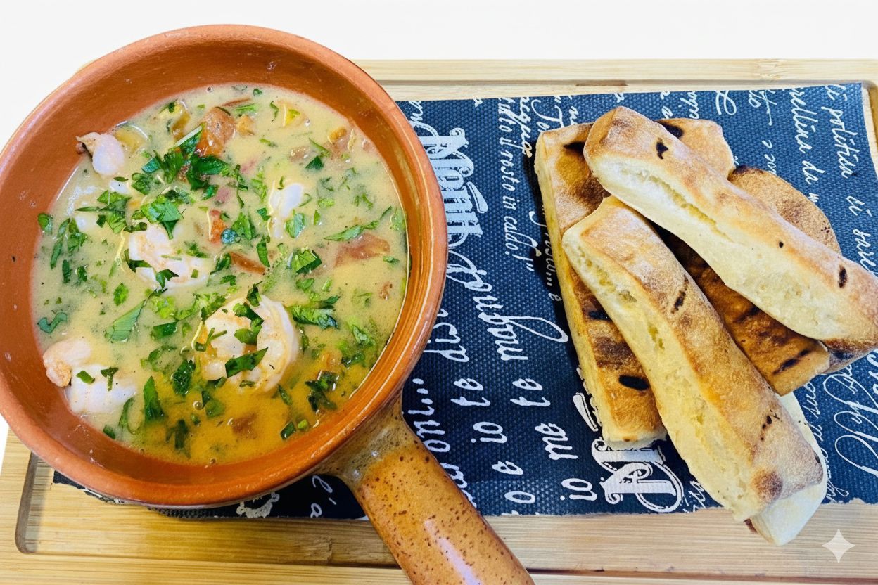 Creveți cu usturoi și roșii cu pâine de casă