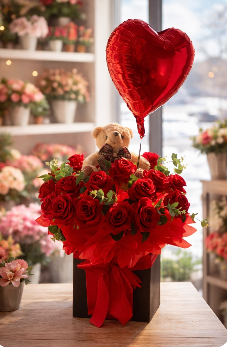 Flowerbox  XL czerwony z misiem i balonem