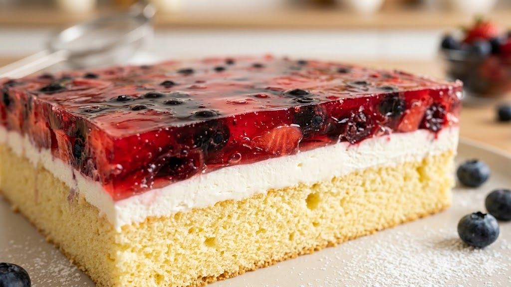 Ciasto biszkoptowe z warstwą bitej śmietany i galaretki, ozdobione owocami leśnymi.