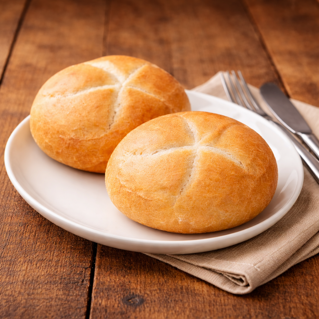 Dwa świeżo upieczone bułki na talerzu, położone na drewnianym stole.