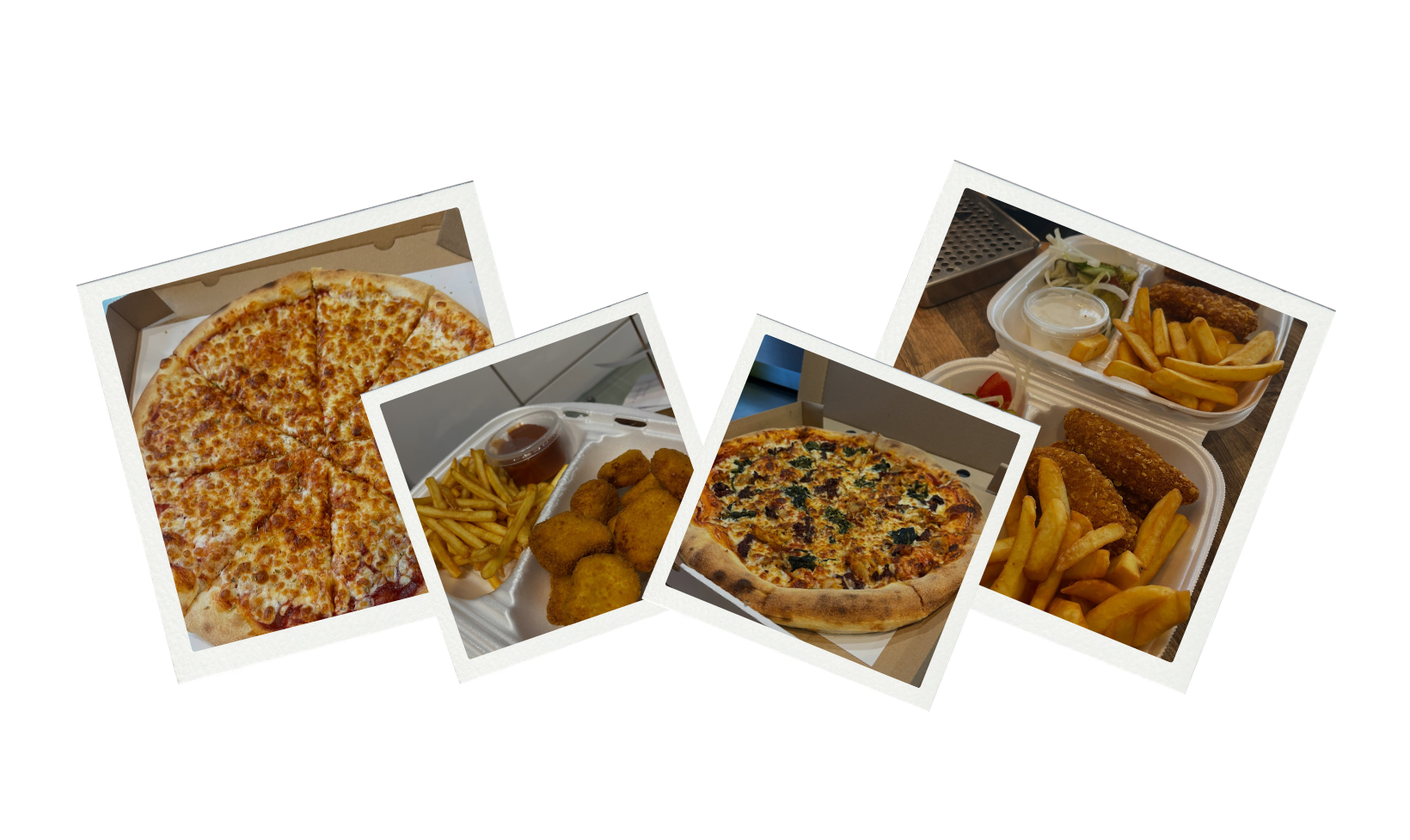 Pizza z serem, frytki, nuggetsy i pizzą z warzywami, podane w pudełkach.