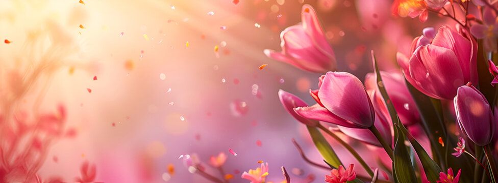 Kwiaty tulipanów w odcieniach różu w słonecznym, pastelowym tle.