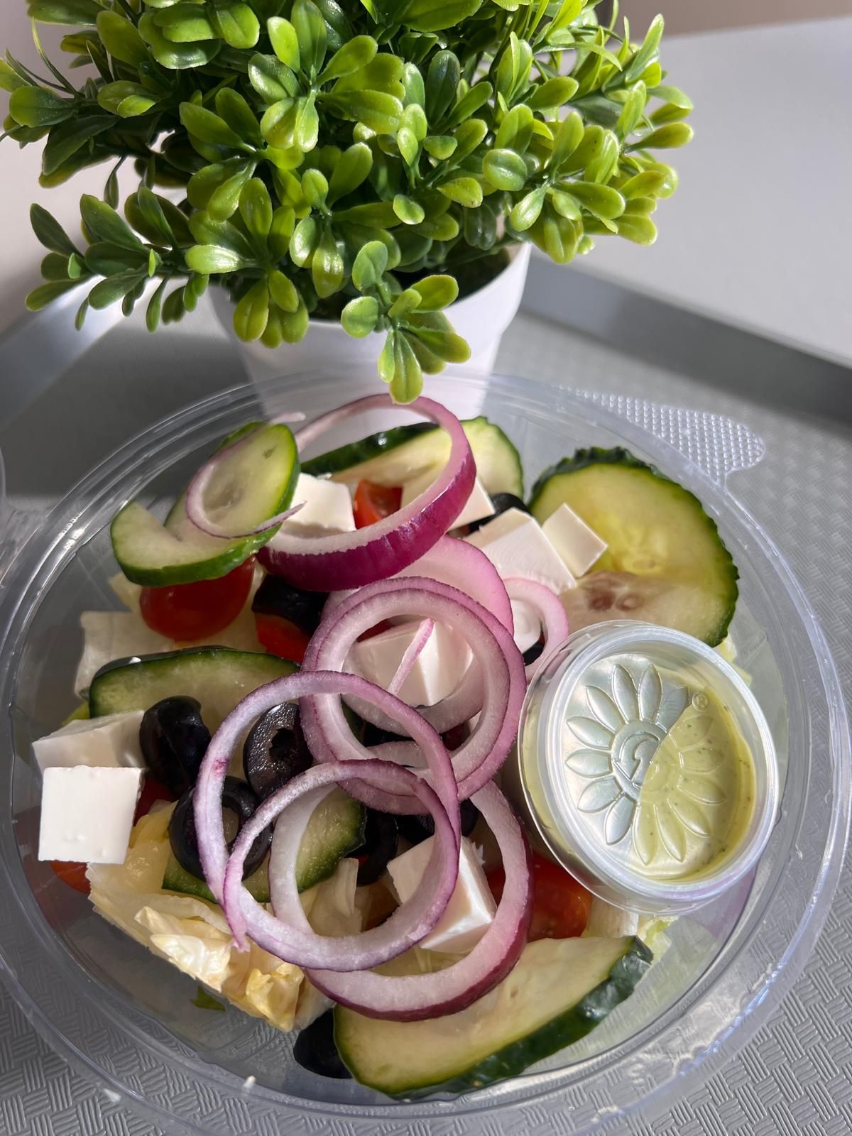 Sałatka z ogórkiem, pomidorem, oliwkami, serem feta, cebulą i sosem w przezroczystym pojemniku na tle rośliny doniczkowej.