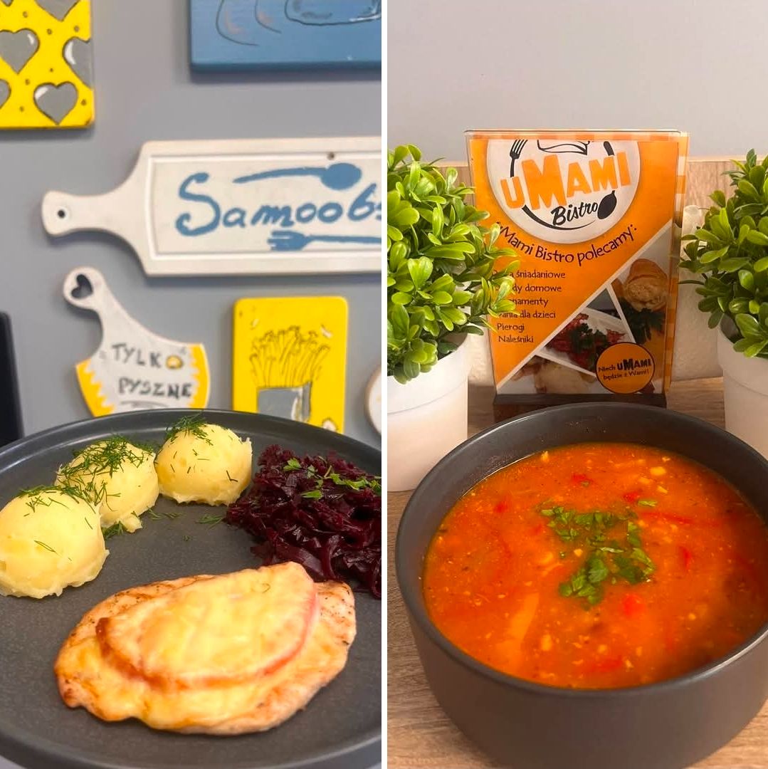 (Zestaw Dnia ) Zupa Meksykańska i Filet z pomidotem zapiekany pod serem z ziemniaczkami i surówką