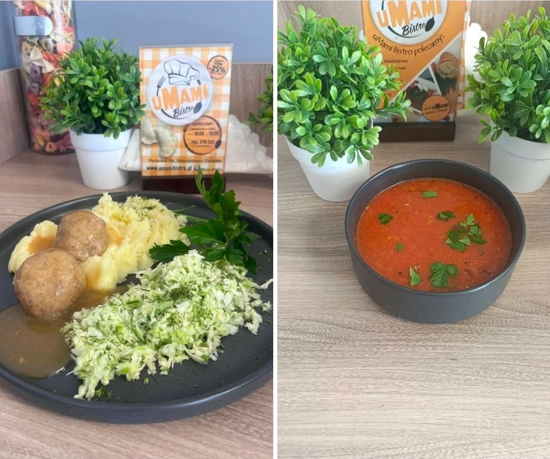 (Zestaw dnia) Pomidorowa z makaronem Pulpety w sosie z ziemniaczkami i surówką