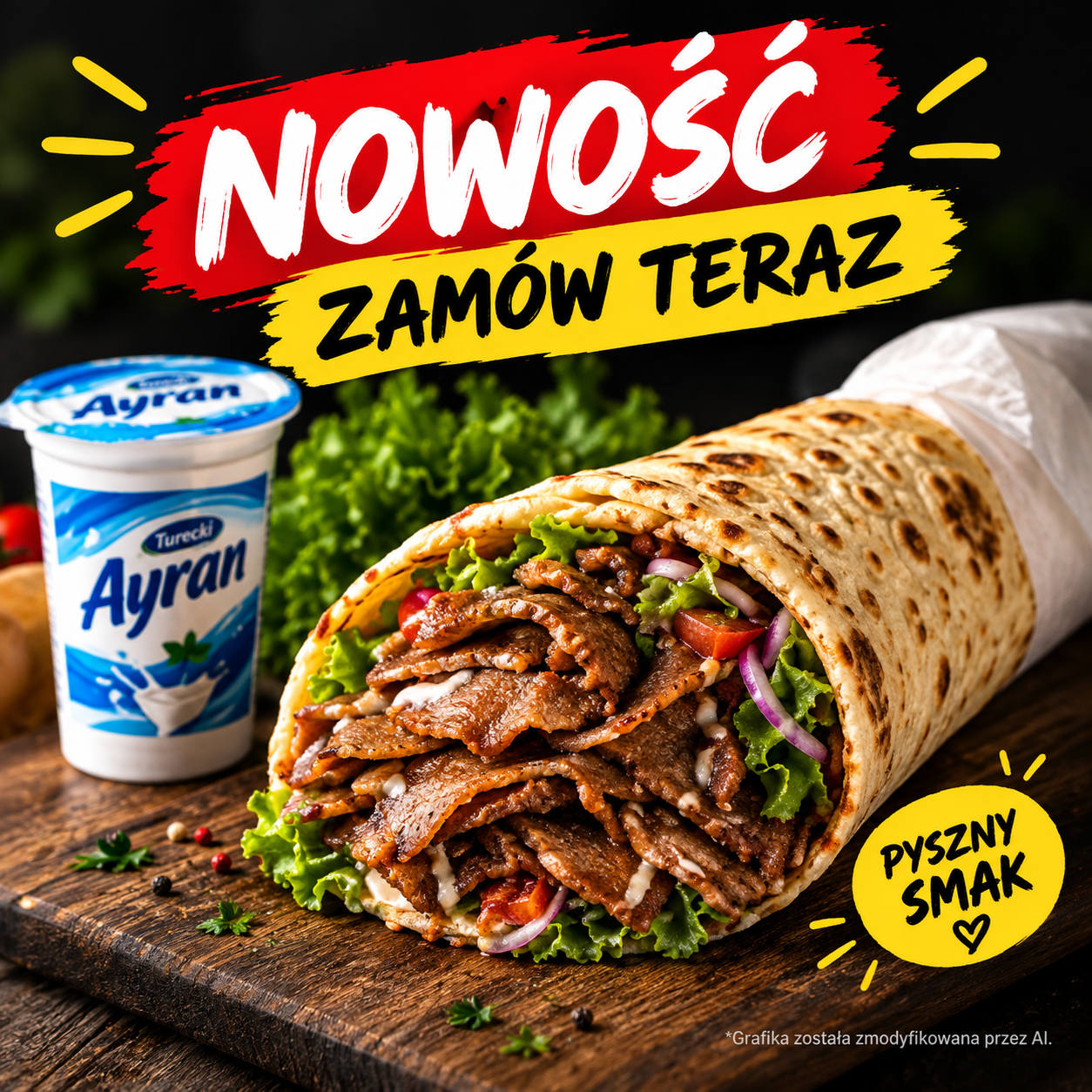 Pyszny kebab w wrapie otoczony świeżymi warzywami i kubkiem Ayran. Zamów teraz!