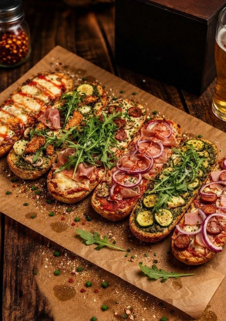 A board with different types of pizza on paper, decorated with fresh herbs and vegetables.