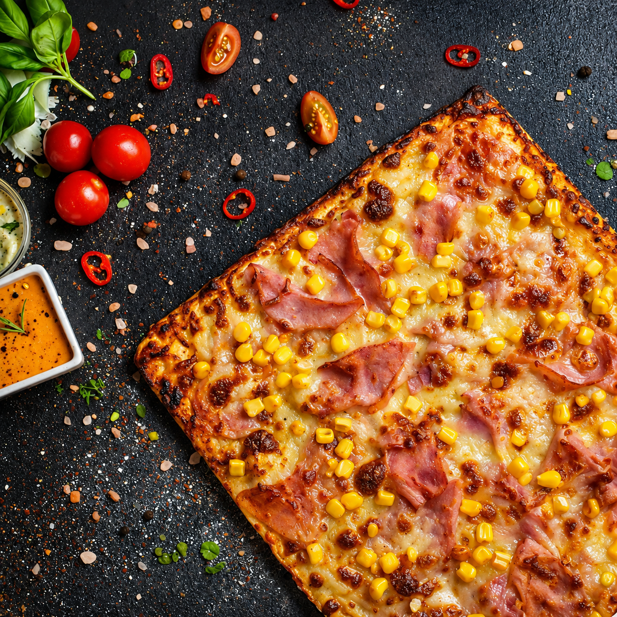 Pizza cu șuncă și porumb, servită cu sos și ingrediente proaspete pe un fundal negru.