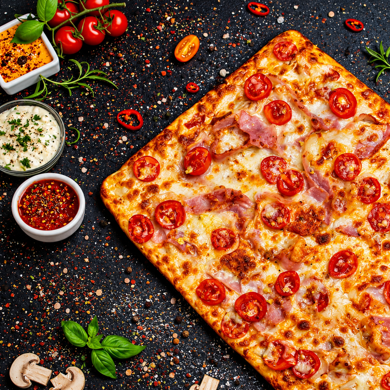 Pizza cu roșii, șuncă și brânză, înconjurată de sosuri și ingrediente colorate pe un fundal negru.