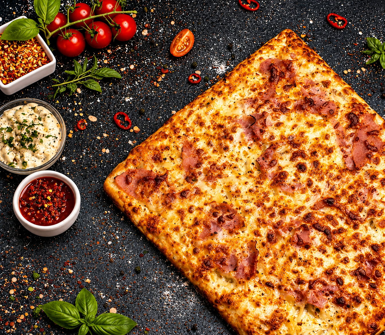Pizza cu brânză, șuncă și condimente, înconjurată de roșii, ierburi proaspete și sosuri.