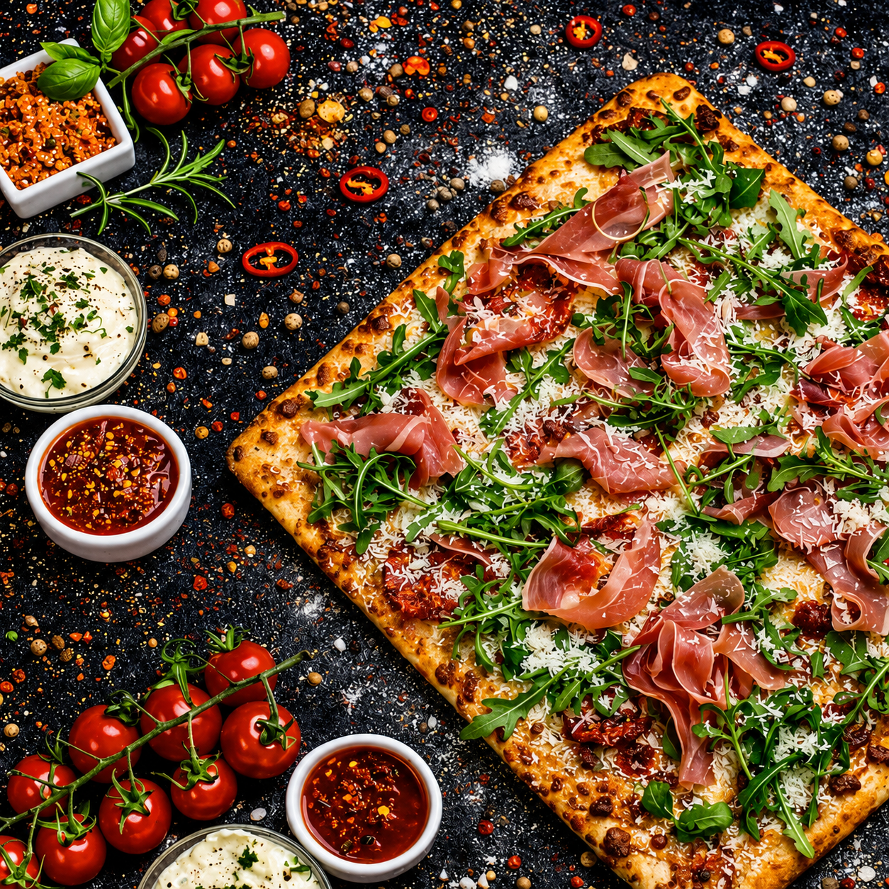 Pizza cu prosciutto, rucola și brânză, înconjurată de sosuri, roșii cherry și condimente pe un fundal artistic.