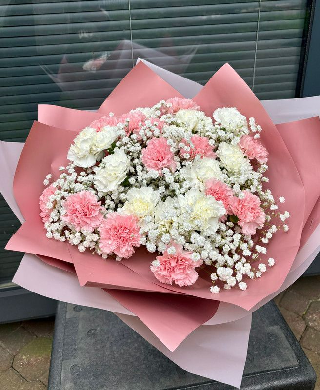 Bukiet jasnych goździków z gipsówką