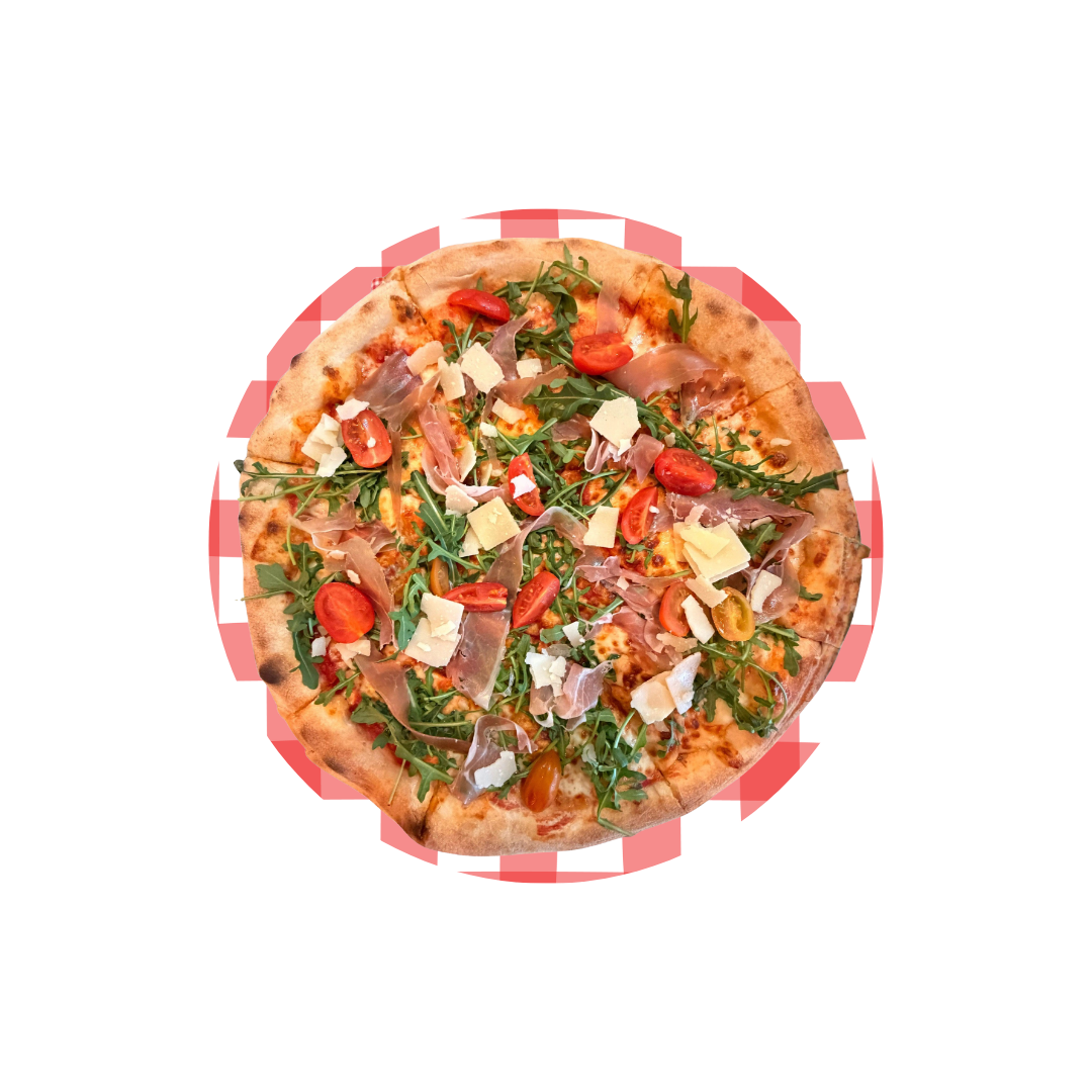 Pizza z rukolą, pomidorkami koktajlowymi, szynką parmeńską i serem na okrągłym cieście.