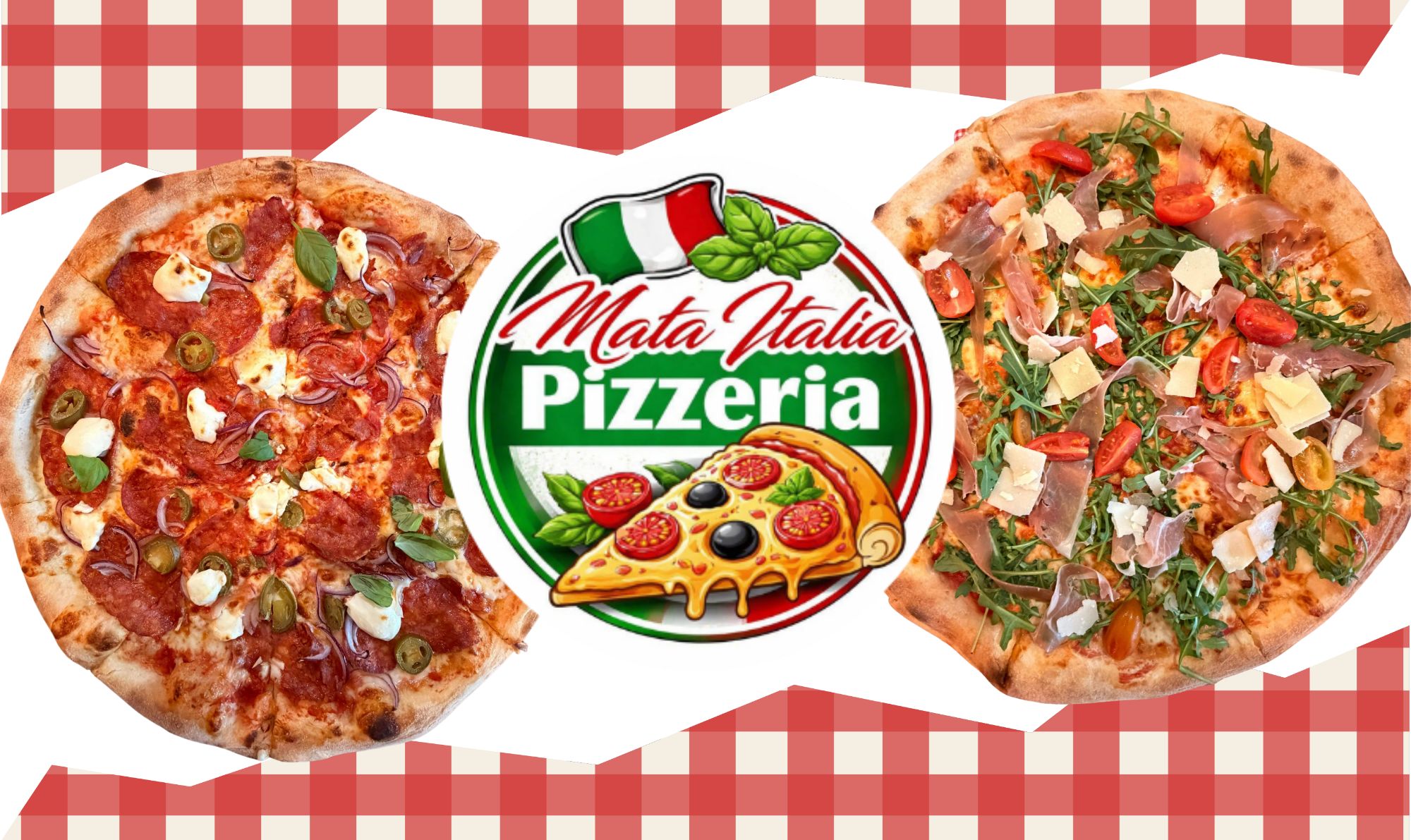 Dwie pizze z logo pizzerii Mata Italia, jedna z salami, druga z warzywami i szynką na tle czerwoną kratką.
