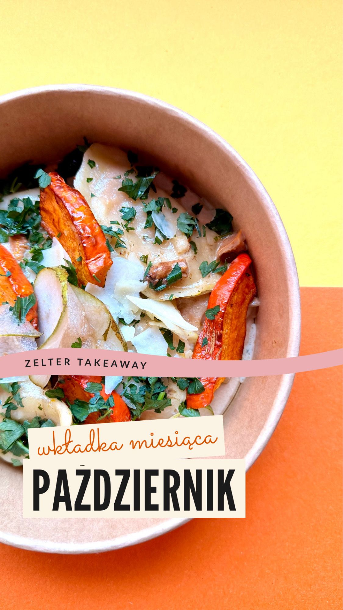 Takeout dish with "OCTOBER" label and fresh herbs and vegetables.