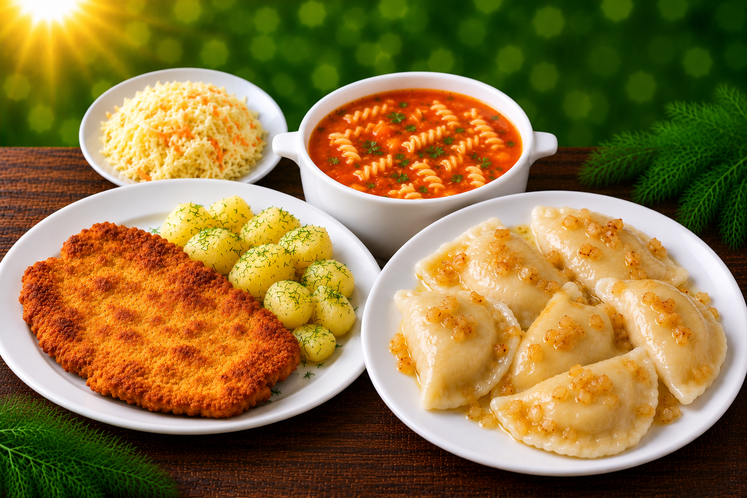 Zestaw tradycyjnych potraw: pierogi, kotlet schabowy, kluski, zupa oraz surówka.