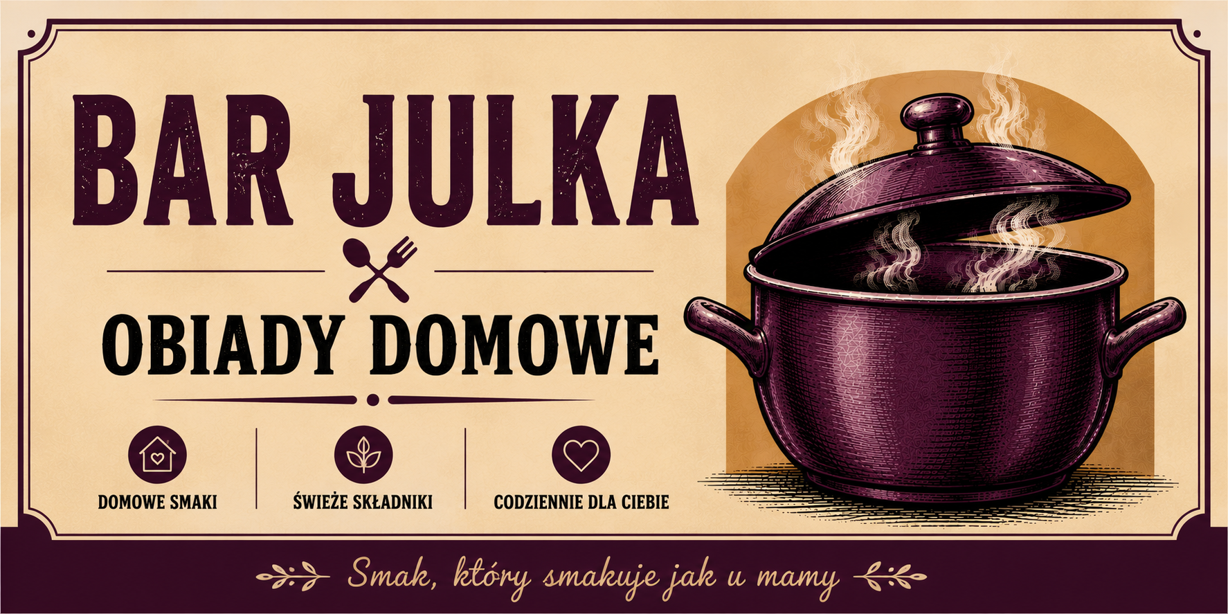 Logo baru Julka z napisem "Obiady domowe", garnkiem z parą i ikonami świeżych składników oraz domowych smaków.