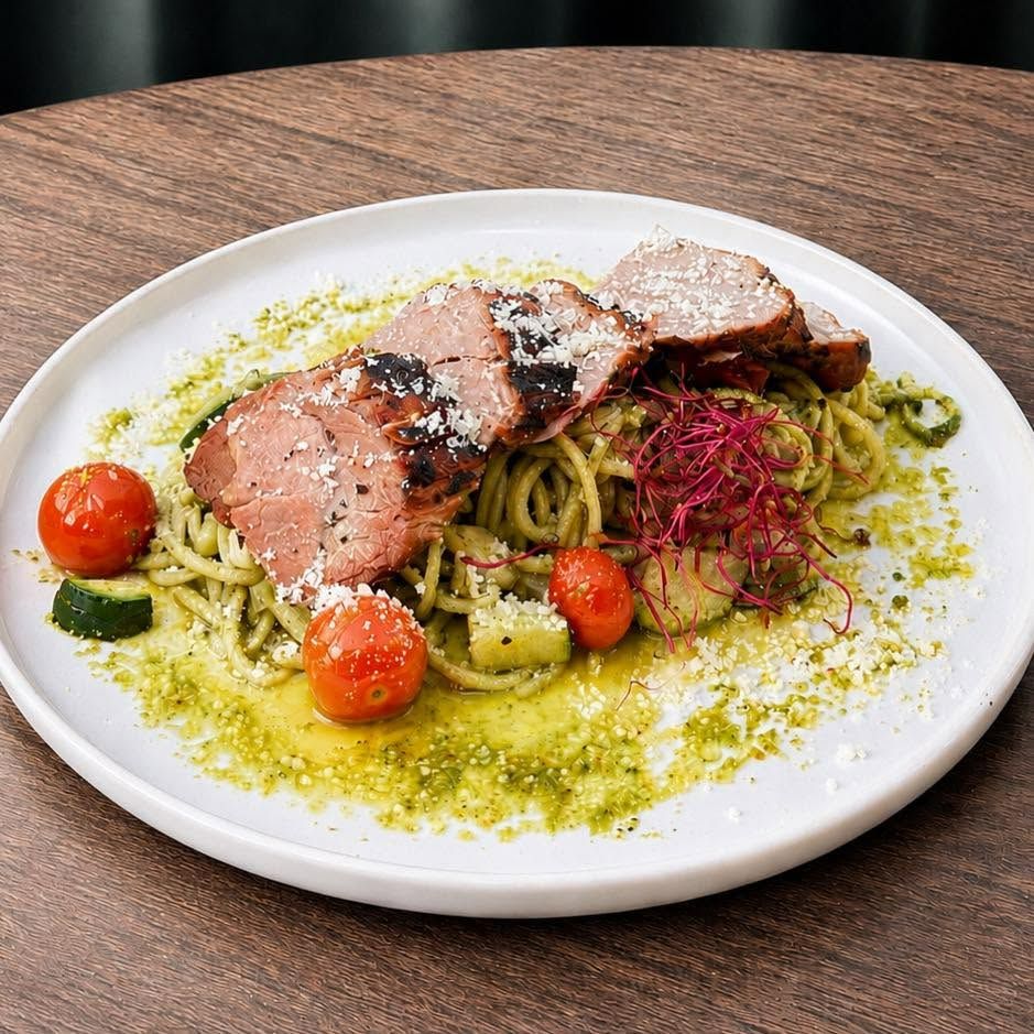 Makaron z pesto, pieczonym mięsem, pomidorkami koktajlowymi i serem, podany na białym talerzu na drewnianym stole.