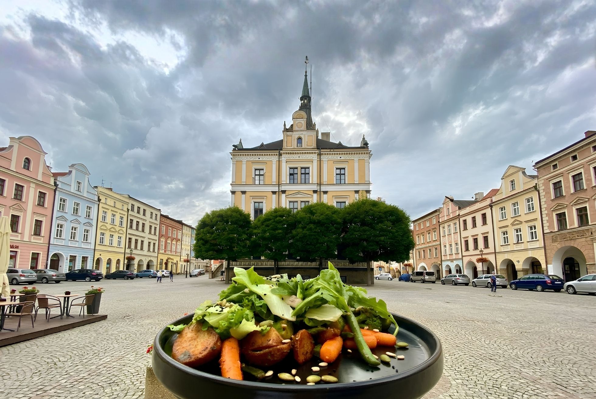Sałatka na talerzu z widokiem na ratusz i chmurne niebo nad miejskim placem.