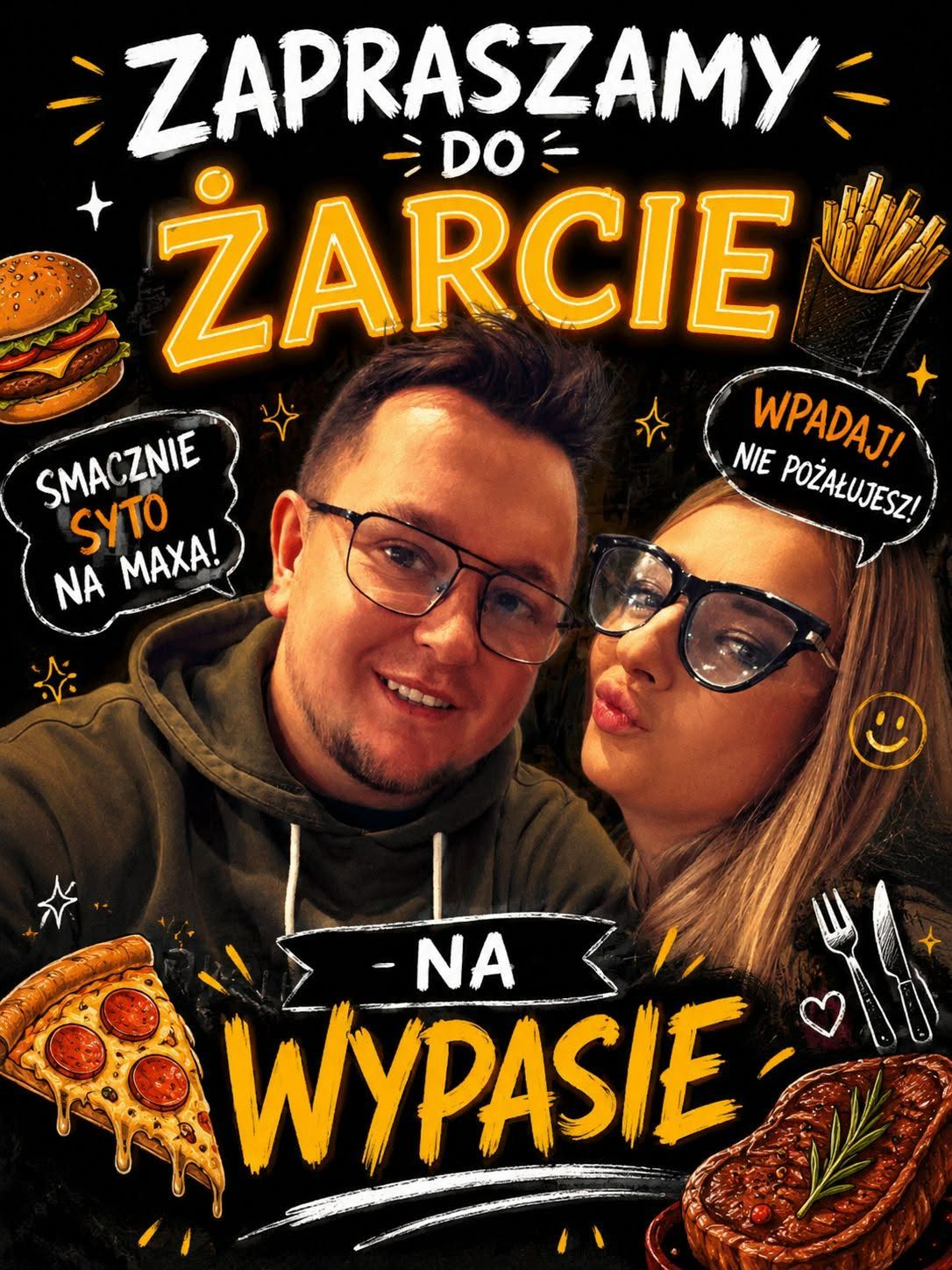 Para uśmiechniętych ludzi z jedzeniem, zapraszających do spróbowania potraw. Tekst zaprasza do wyjazdu na jedzenie.