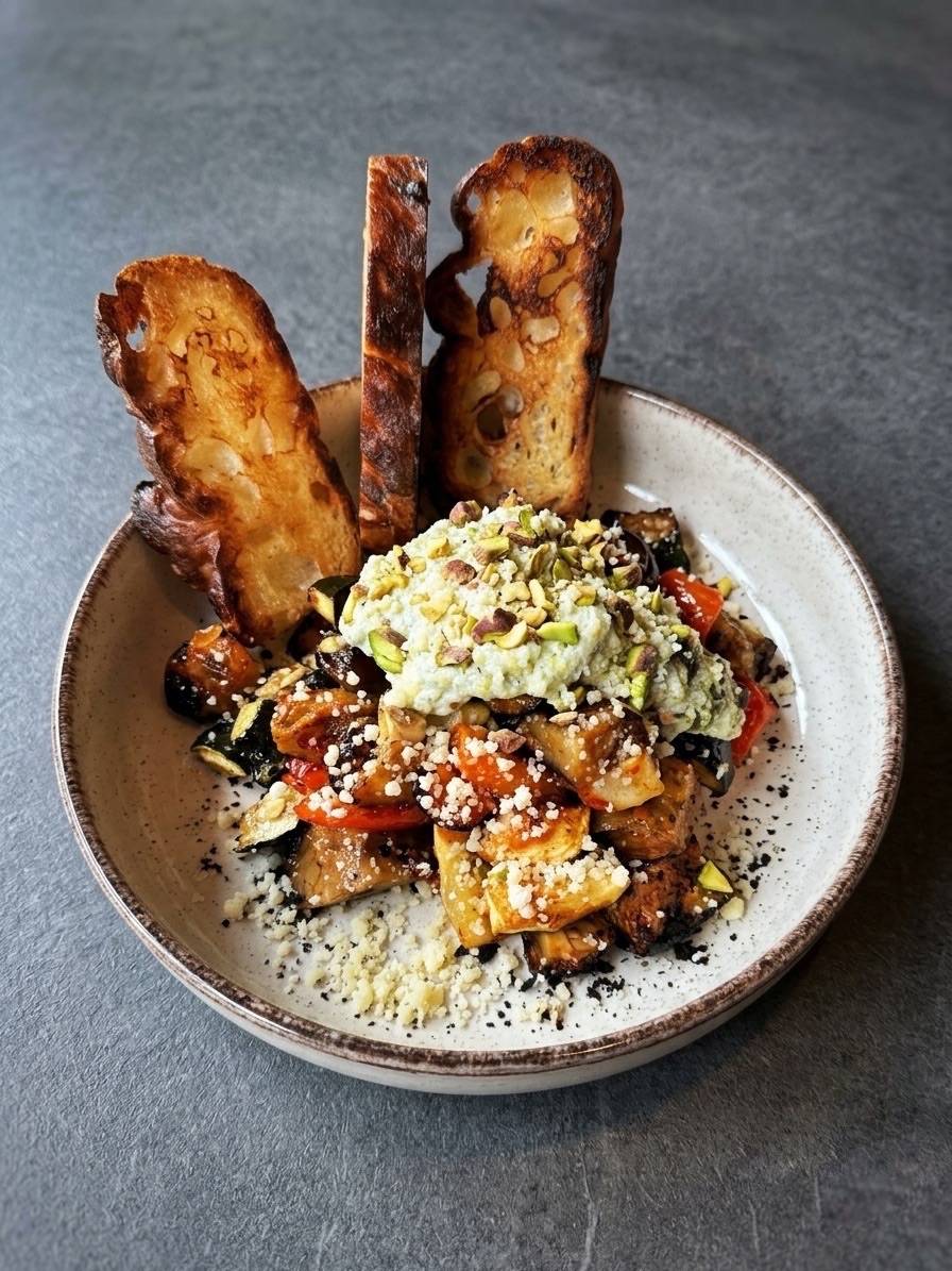 Talerz z pieczonymi warzywami, guacamole, serem feta i chrupiącymi grzankami.