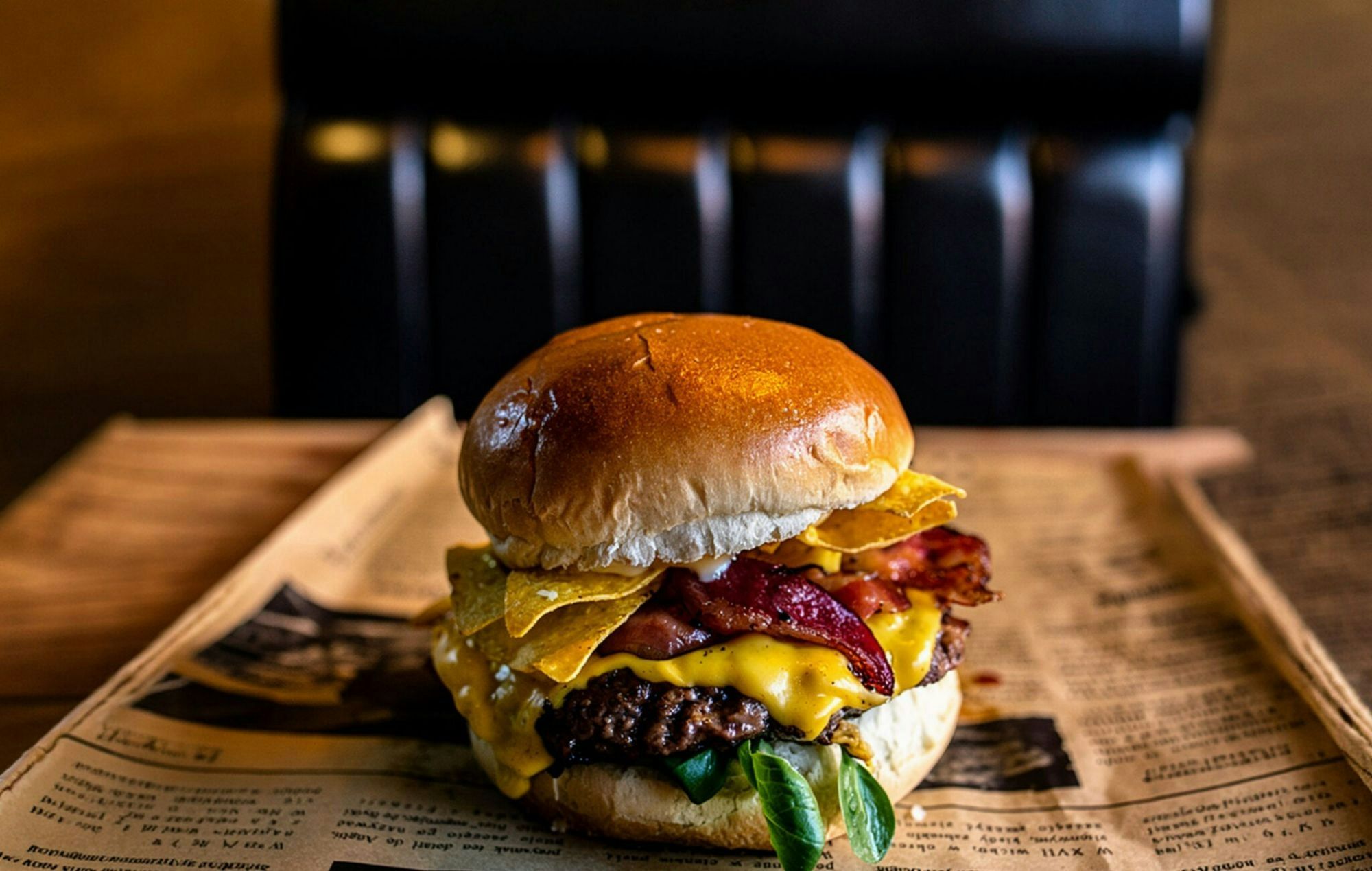 Soczysty burger z serem cheddar, boczkiem i nachosami na bułce, podany na tle drewnianego stolika.