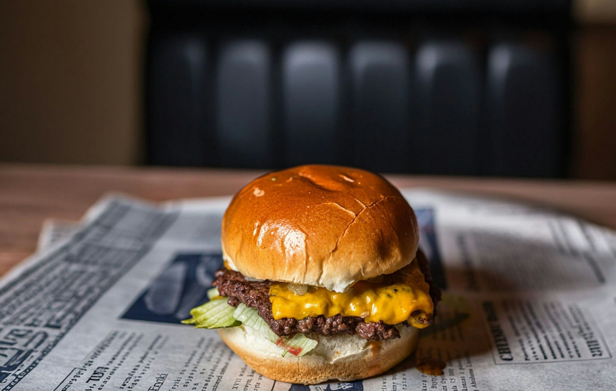 Hamburger z soczystą wołowiną, serem cheddar i sałatą na bułce, podany na gazecie.