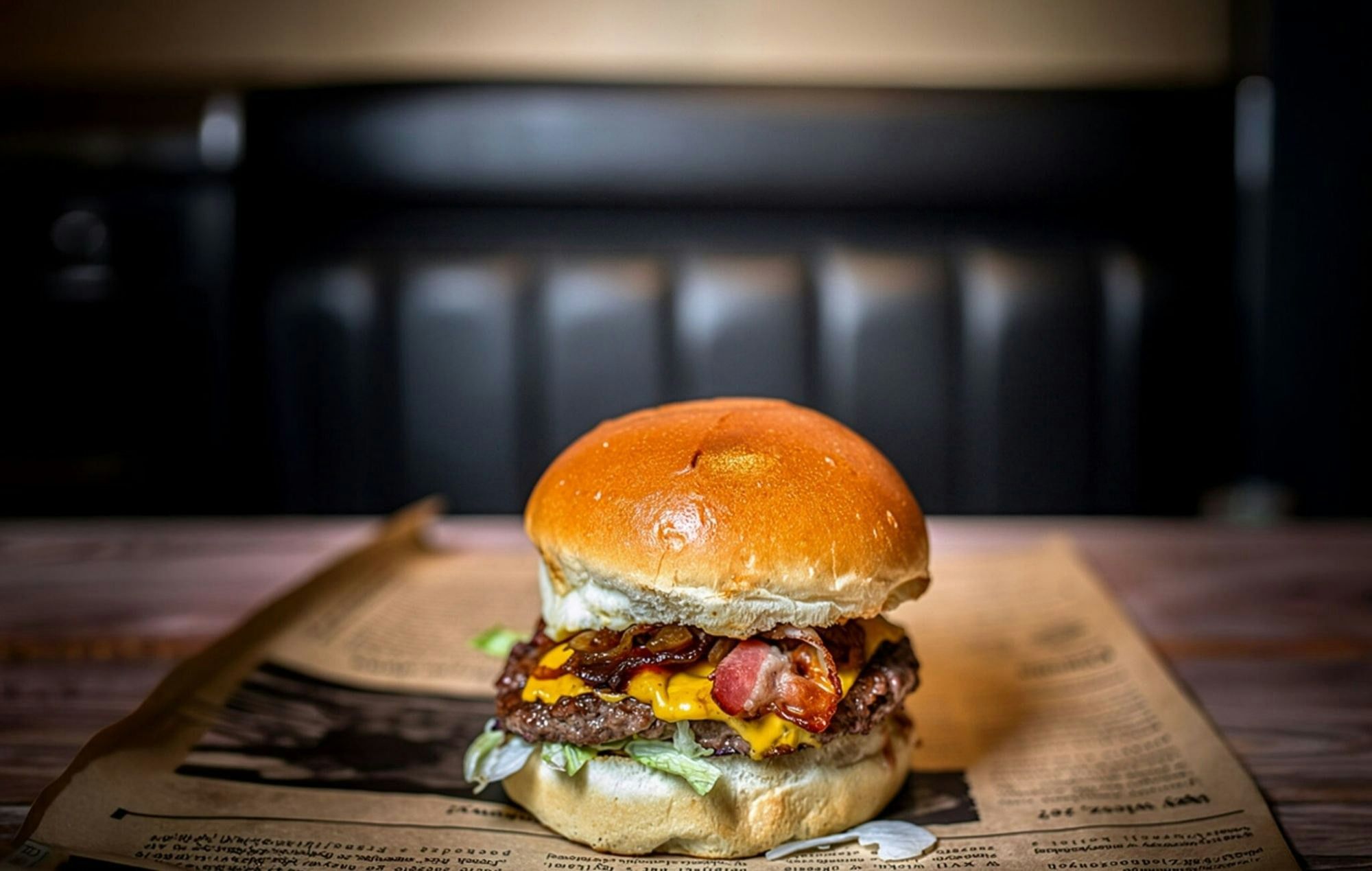Soczysty hamburger z bekonem i serem cheddar, podany na papierze.
