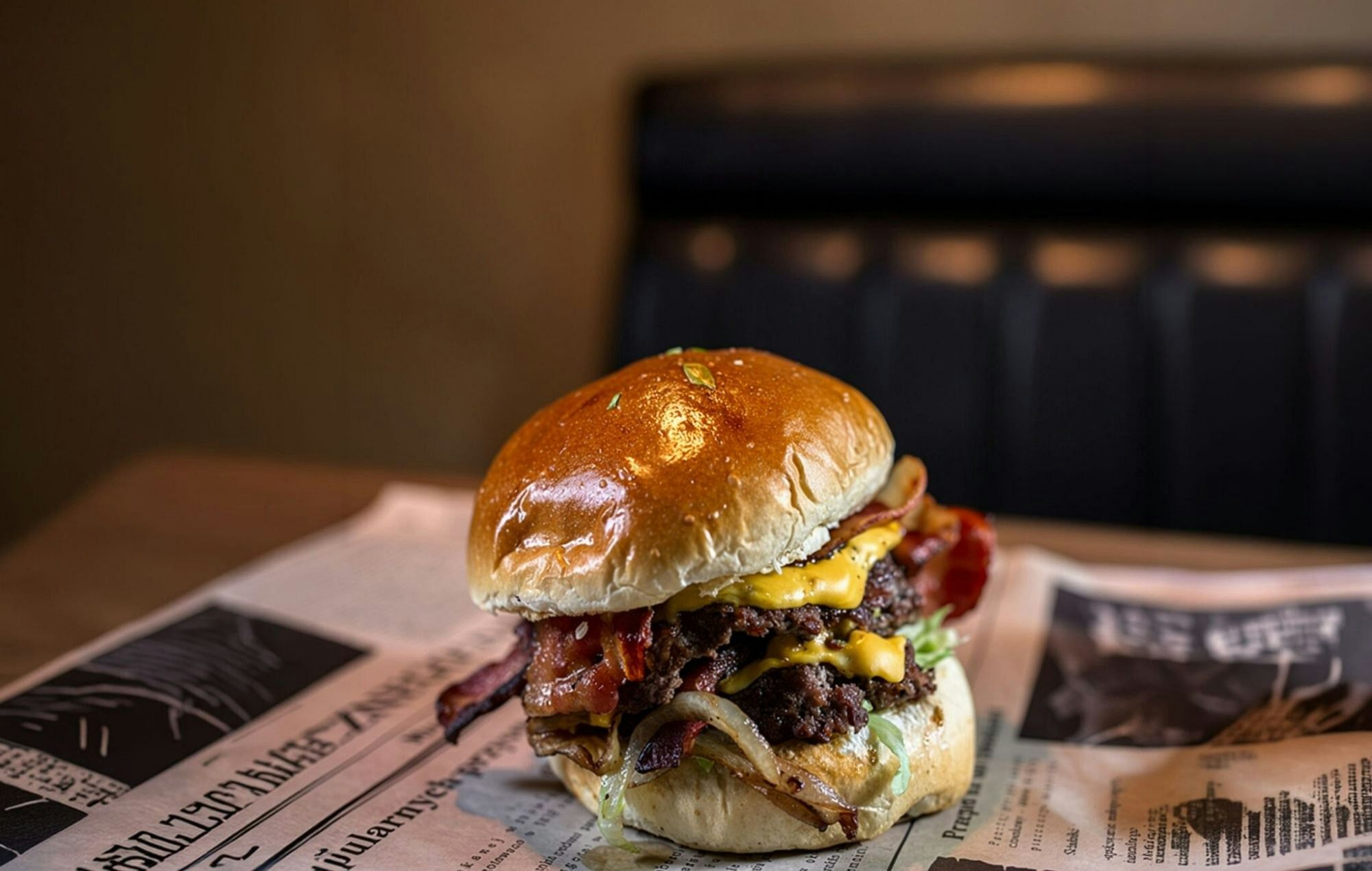 Pyszny hamburger z bekonem, serem cheddar, sałatą i cebulą, podany na papierze gazetowym.