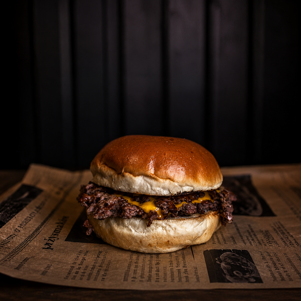 Soczysty hamburger z wołowiny, serem cheddar i bułką, podany na starym papierze.