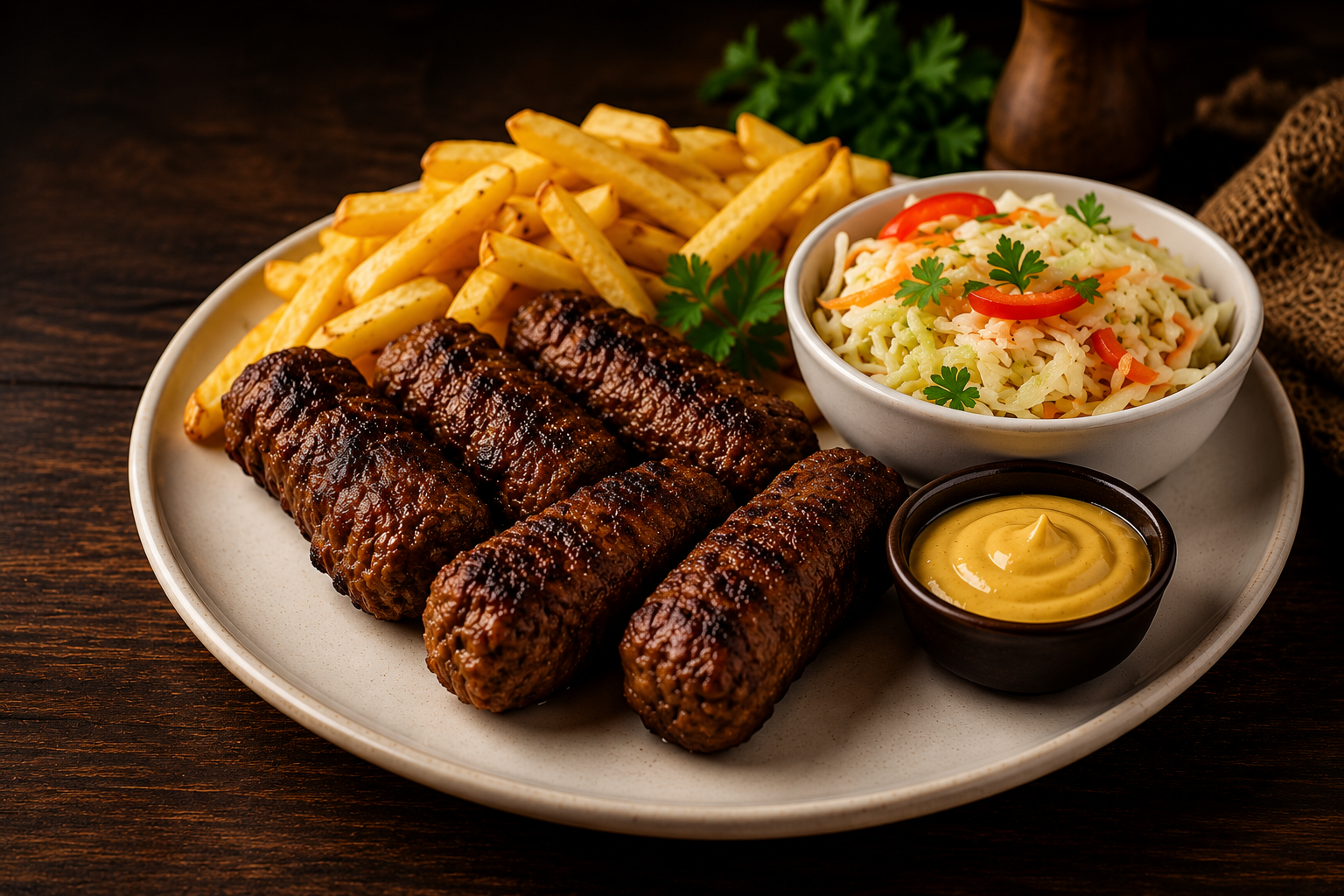 Mici rumene cu cartofi prăjiți, salată de varză și muștar, servite pe un platou elegant.