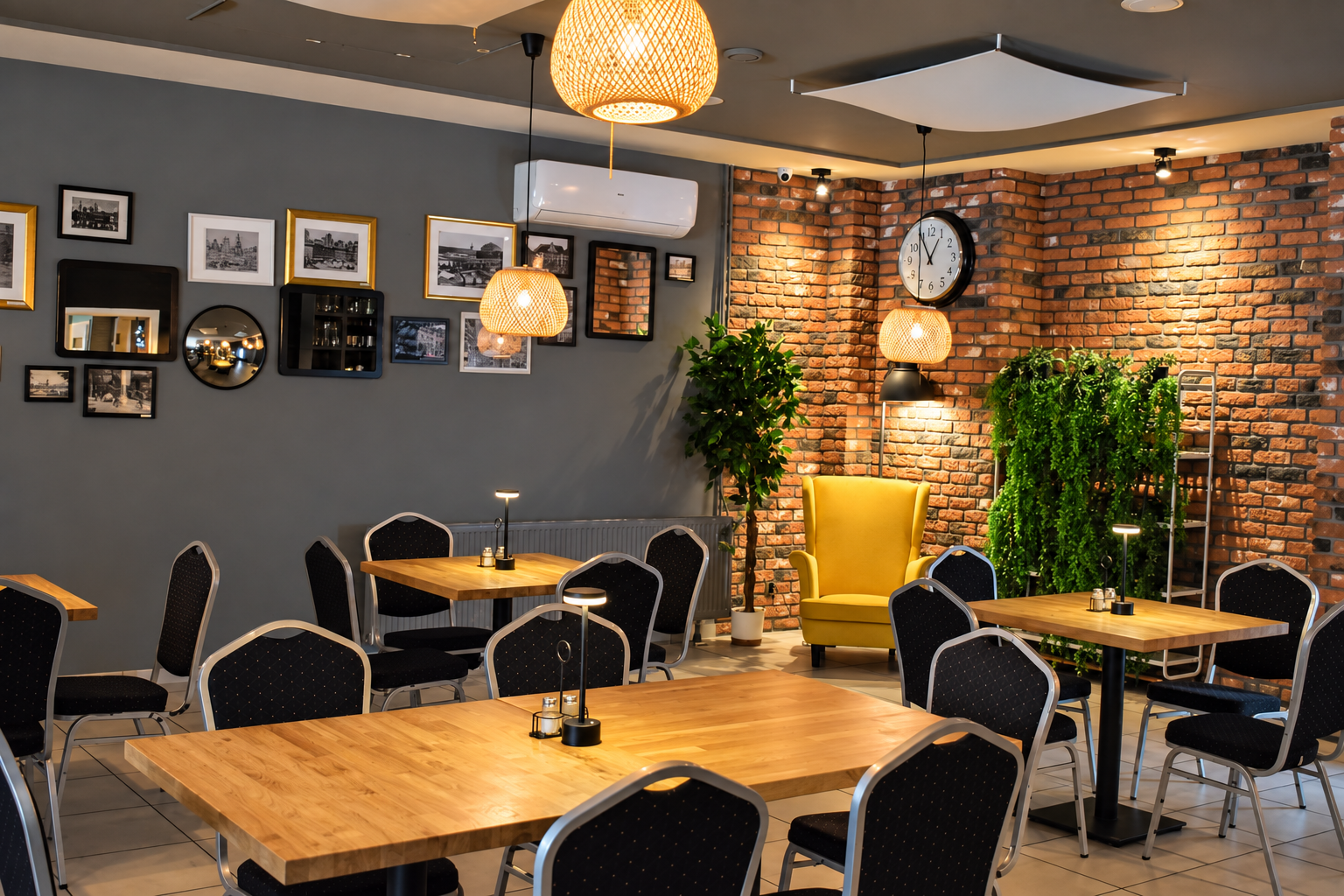 Nowoczesna restauracja z drewnianymi stołami, czarnymi krzesłami, ceglanymi ścianami i roślinami dekoracyjnymi.