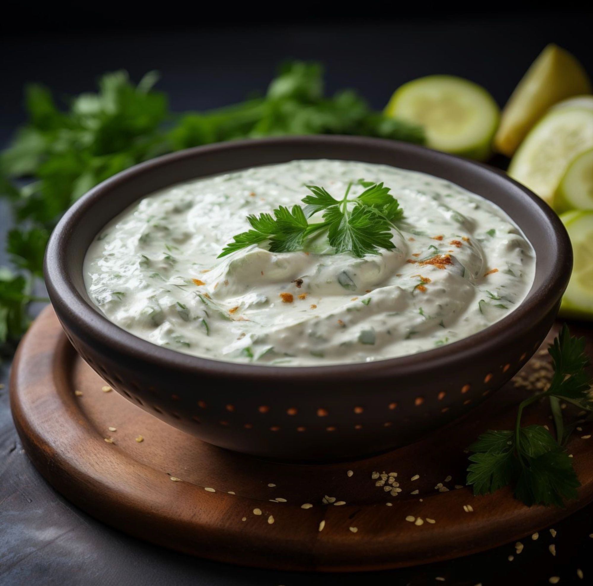 Sos cremos cu iaurt, usturoi și ierburi aromatice, servit în bol pe un platou de lemn, alături de lămâi și pătrunjel.