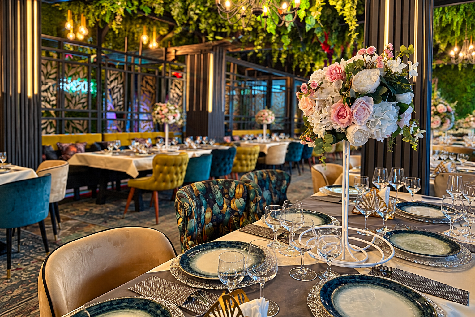 Interior elegant de restaurant cu mese frumos aranjate și decor floral luxuriant.