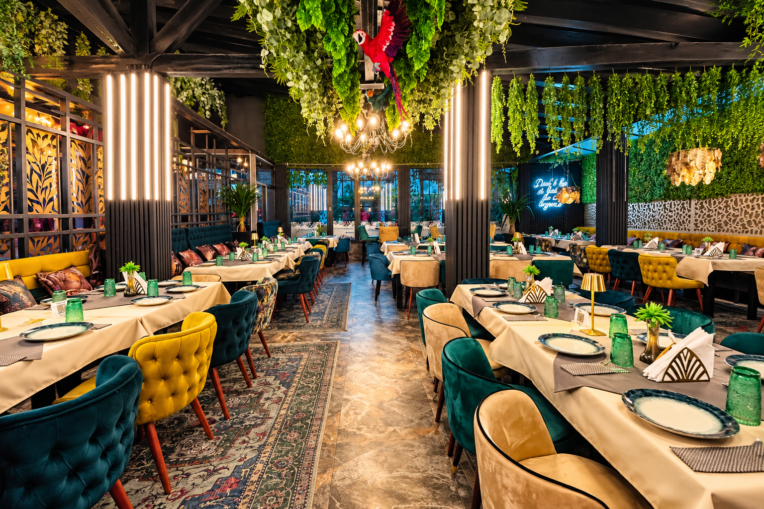 Interior modern de restaurant cu mese elegante, scaune colorate și decor verde luxuriant.